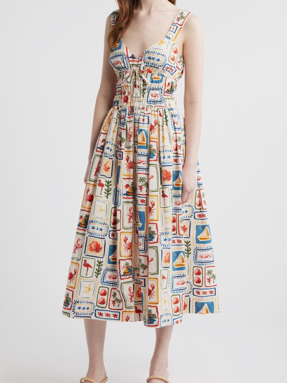 Moon River Cream Midi Dress with Multicolor Nautical Motif